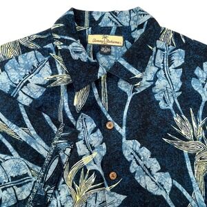Tommy Bahama Silk Camp Shirt Blue Yellow Tropical Leaves Mens Small Paradise